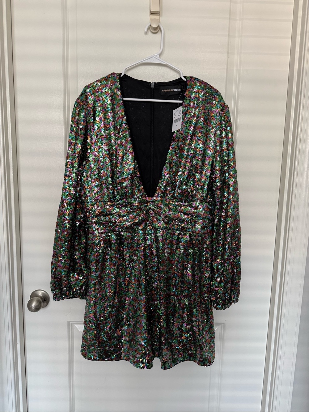 Rainbow Sequin Deep V Romper With Long Sleeves